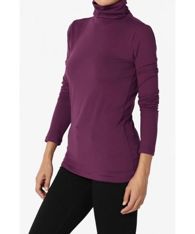 Women's Essential Soft Jersey Ruched Turtle Neck Long Sleeve Slim Fit Top T-Shirt Dark Plum $9.03 Tops