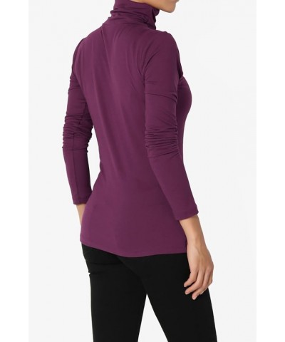 Women's Essential Soft Jersey Ruched Turtle Neck Long Sleeve Slim Fit Top T-Shirt Dark Plum $9.03 Tops