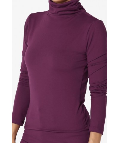 Women's Essential Soft Jersey Ruched Turtle Neck Long Sleeve Slim Fit Top T-Shirt Dark Plum $9.03 Tops