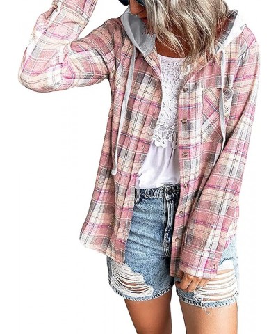 Fall Jackets For Women 2023, Casual Loose Plaid Flannel Long Sleeve Button Down Hoodie Coat A-pink $9.45 Jackets