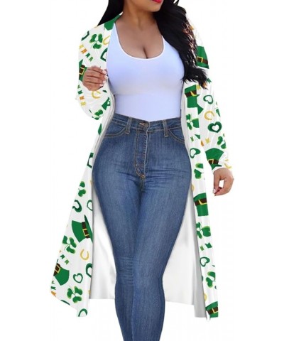 Women St. Patrick's Day Luck Shamrock Printed Open Front Long Sleeve Maxi Cardigans Outwear Green White Orange $13.20 Sweaters