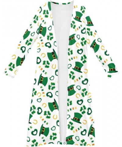 Women St. Patrick's Day Luck Shamrock Printed Open Front Long Sleeve Maxi Cardigans Outwear Green White Orange $13.20 Sweaters