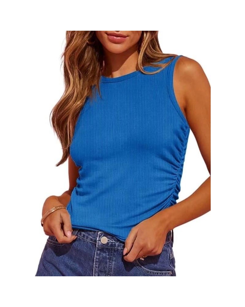 Tank Top for Women Basic Side Ruched Sleeveless Hem Loose Solid Color Summer Tops Blue $10.39 Tops