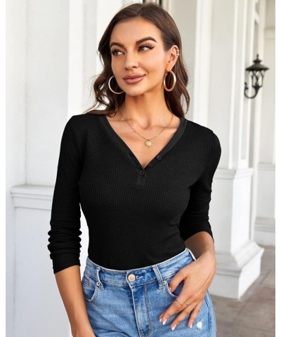 sweaters for women Long Sleeve Tunic V Neck Button Down Waffle Henley Shirts Pullover Lightweight Jumper Tops Black $12.03 Tops