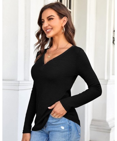 sweaters for women Long Sleeve Tunic V Neck Button Down Waffle Henley Shirts Pullover Lightweight Jumper Tops Black $12.03 Tops