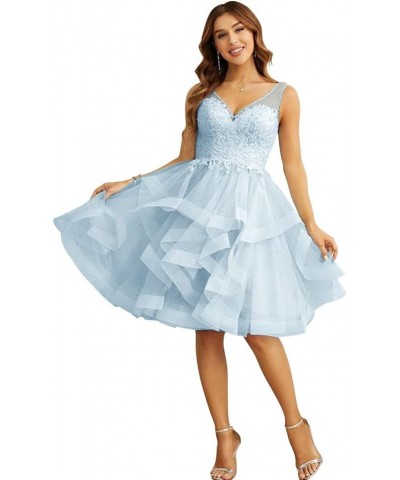 Women’s V Neck Short Homecoming Dress for Teens 2023 Organza Lace Applique Junior Formal Cocktail Party Gown Light Blue $31.4...