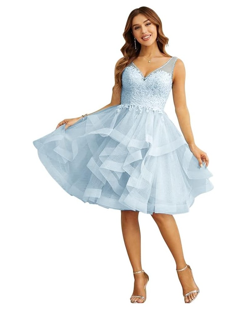 Women’s V Neck Short Homecoming Dress for Teens 2023 Organza Lace Applique Junior Formal Cocktail Party Gown Light Blue $31.4...