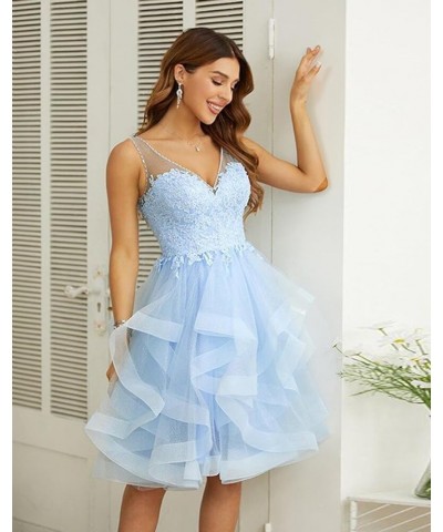 Women’s V Neck Short Homecoming Dress for Teens 2023 Organza Lace Applique Junior Formal Cocktail Party Gown Light Blue $31.4...