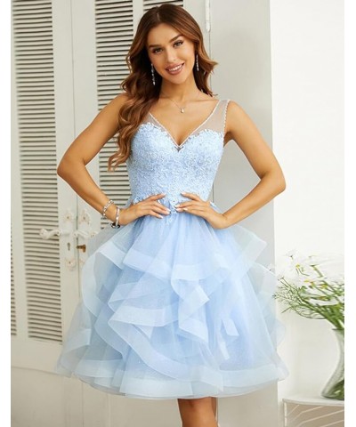 Women’s V Neck Short Homecoming Dress for Teens 2023 Organza Lace Applique Junior Formal Cocktail Party Gown Light Blue $31.4...