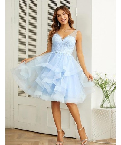 Women’s V Neck Short Homecoming Dress for Teens 2023 Organza Lace Applique Junior Formal Cocktail Party Gown Light Blue $31.4...