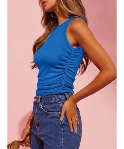 Tank Top for Women Basic Side Ruched Sleeveless Hem Loose Solid Color Summer Tops Blue $10.39 Tops