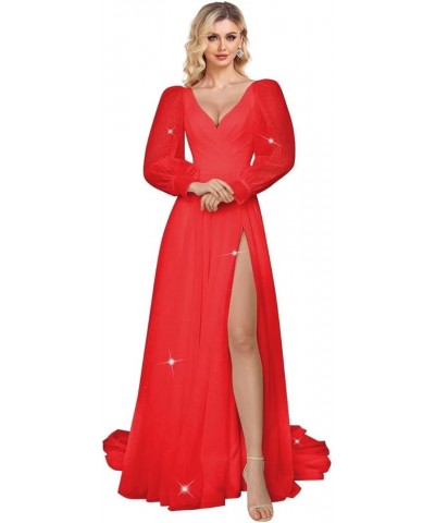 Long Sleeve Prom Dresses Sparkly Tulle Ball Gown Puffy Wedding Dress Formal Evening Gowns Slit Red $38.27 Dresses