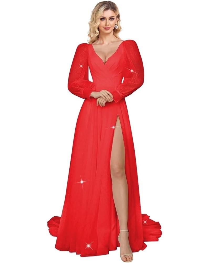 Long Sleeve Prom Dresses Sparkly Tulle Ball Gown Puffy Wedding Dress Formal Evening Gowns Slit Red $38.27 Dresses