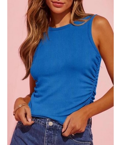 Tank Top for Women Basic Side Ruched Sleeveless Hem Loose Solid Color Summer Tops Blue $10.39 Tops