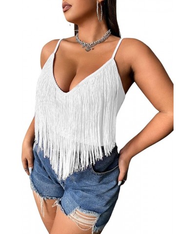 Plus Size Fringe Crop Tops for Women - Festival Boho Tassel Tank Sexy V Neck Cowgirl Concert Rave Corset Bodysuits White $12....