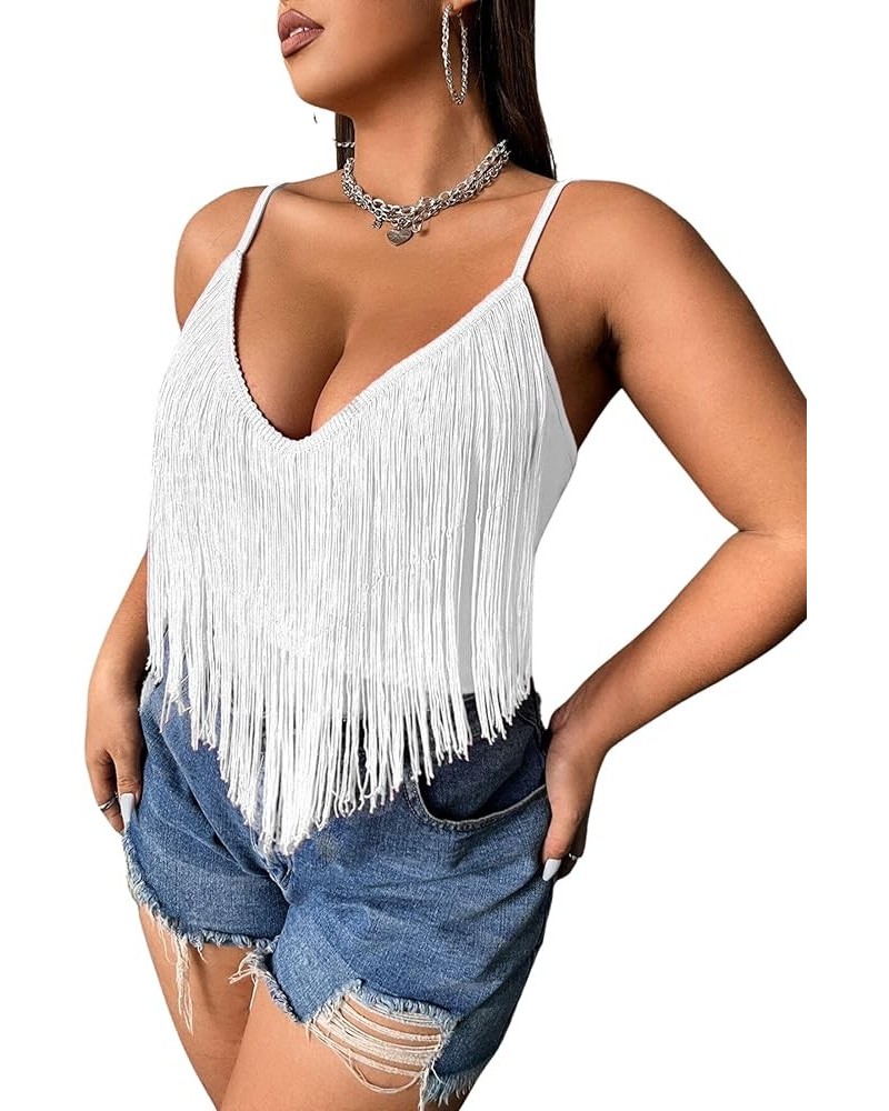 Plus Size Fringe Crop Tops for Women - Festival Boho Tassel Tank Sexy V Neck Cowgirl Concert Rave Corset Bodysuits White $12....