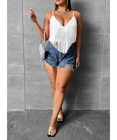 Plus Size Fringe Crop Tops for Women - Festival Boho Tassel Tank Sexy V Neck Cowgirl Concert Rave Corset Bodysuits White $12....