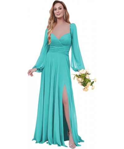 Women's Long Sleeve Bridesmaid Dresses Chiffon for Women V Neck Formal Dress with Slit Turquoise $38.49 Dresses