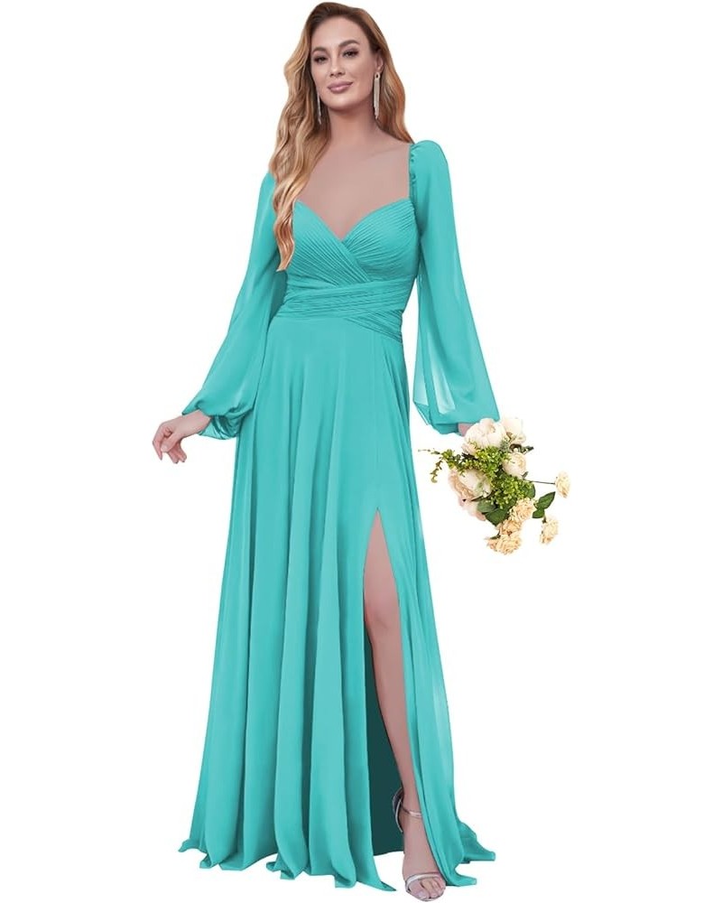 Women's Long Sleeve Bridesmaid Dresses Chiffon for Women V Neck Formal Dress with Slit Turquoise $38.49 Dresses