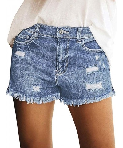 Women's Ripped Mid Waisted Denim Shorts with Pockets J-light Blue $17.02 Shorts