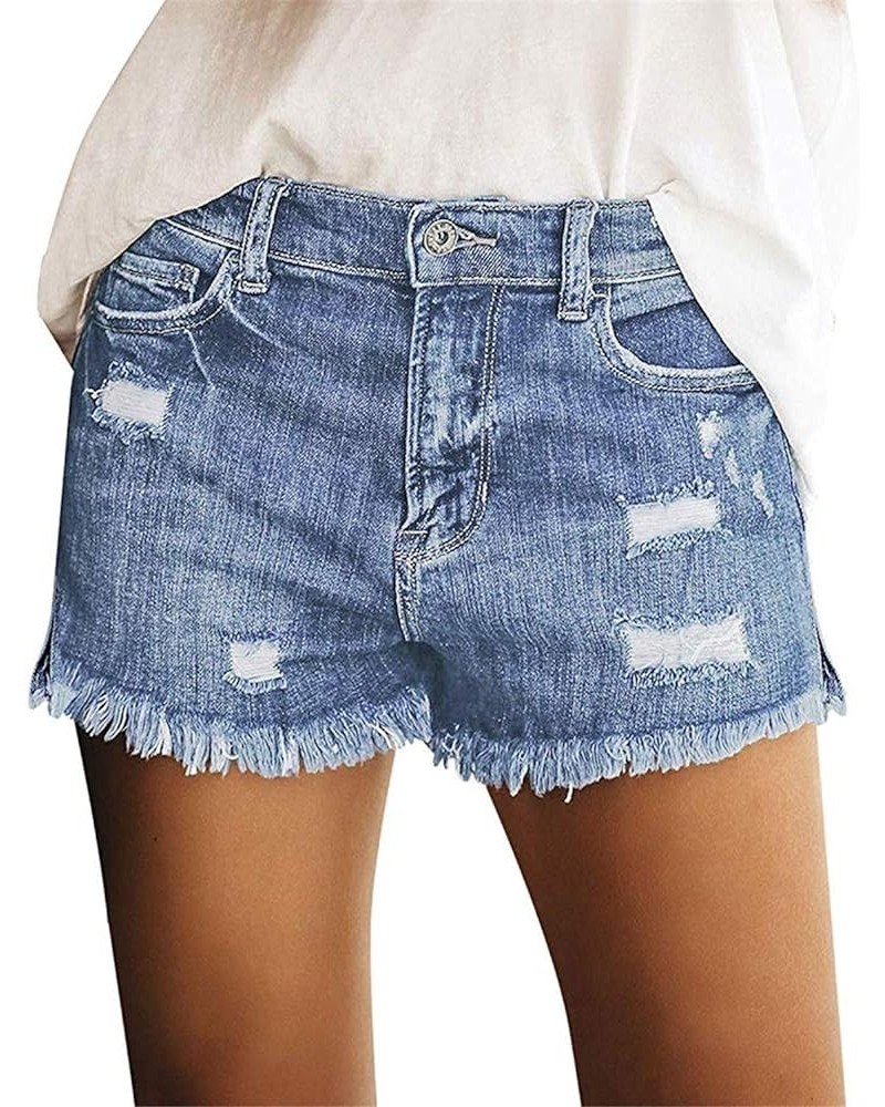 Women's Ripped Mid Waisted Denim Shorts with Pockets J-light Blue $17.02 Shorts