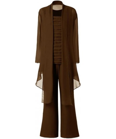 Mother of The Bride Pant Suits for Wedding 3Pcs Chiffon Evening Dress Pants with Jacket Long Formal Gown Brown $37.44 Suits