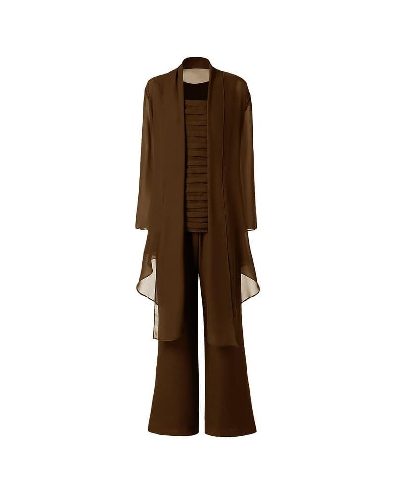 Mother of The Bride Pant Suits for Wedding 3Pcs Chiffon Evening Dress Pants with Jacket Long Formal Gown Brown $37.44 Suits