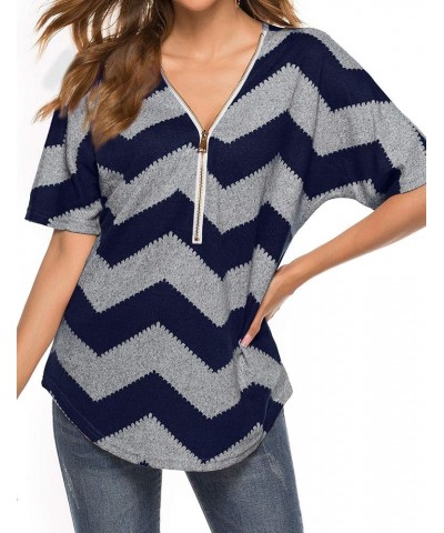 Women Zipper Front V Neck Tunics Asymmetric Hem Color Block Tops T-Shirt 2-blue $14.24 Tops