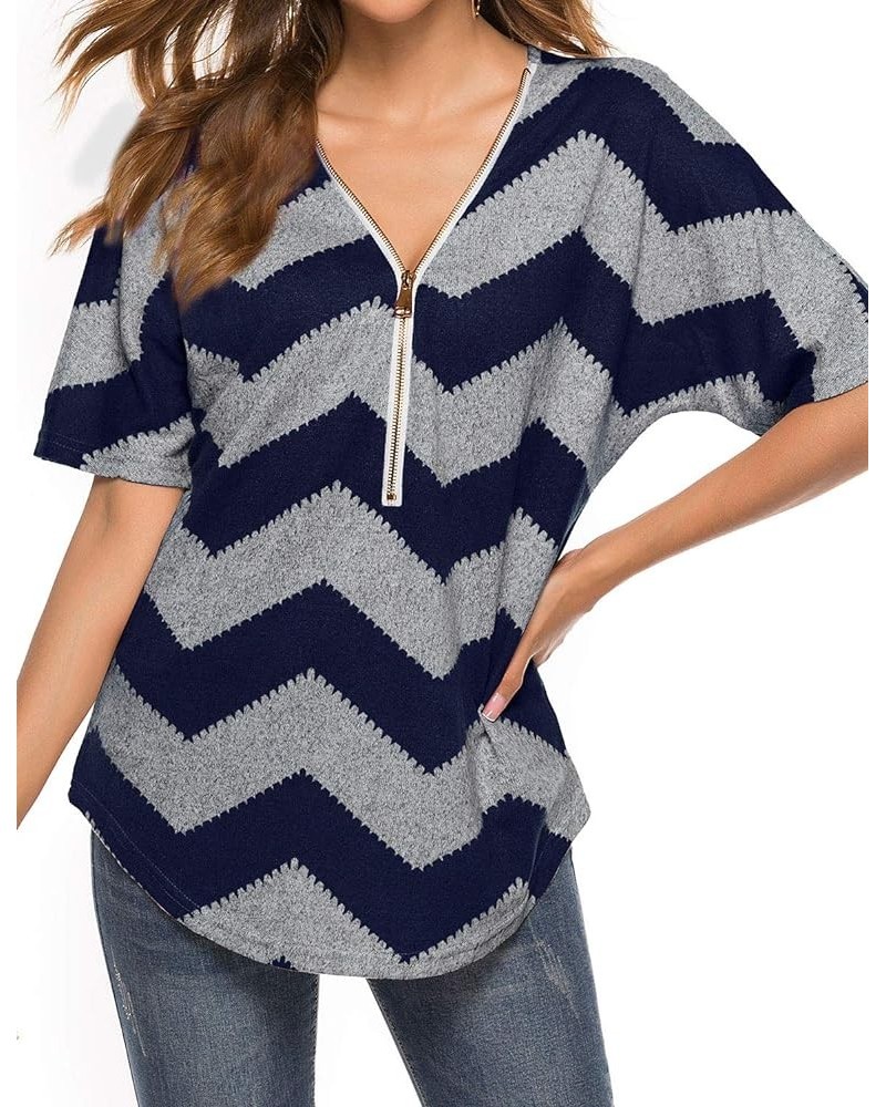 Women Zipper Front V Neck Tunics Asymmetric Hem Color Block Tops T-Shirt 2-blue $14.24 Tops