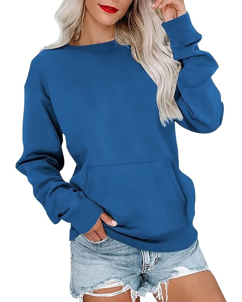 Crewneck Sweatshirts for Women Casual Basic Pullover Long Sleeve Solid Color Winter Tops Outfits with Pockets 2023 E012- Blue...