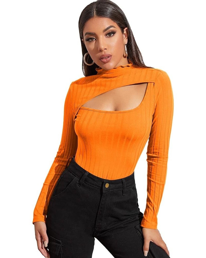 Women's Ruffle Tops Sexy Basic Slim Fit Cut Out Front Long Sleeve T Shirt Orange $6.88 T-Shirts