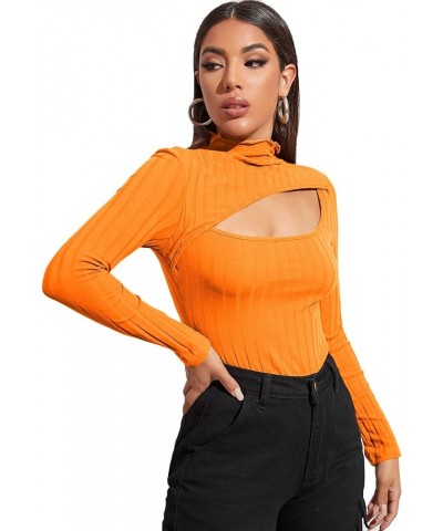 Women's Ruffle Tops Sexy Basic Slim Fit Cut Out Front Long Sleeve T Shirt Orange $6.88 T-Shirts