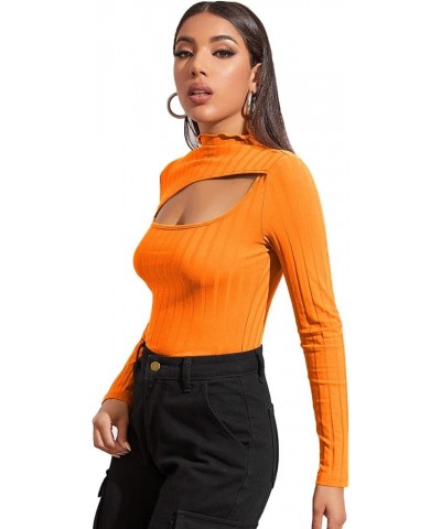 Women's Ruffle Tops Sexy Basic Slim Fit Cut Out Front Long Sleeve T Shirt Orange $6.88 T-Shirts