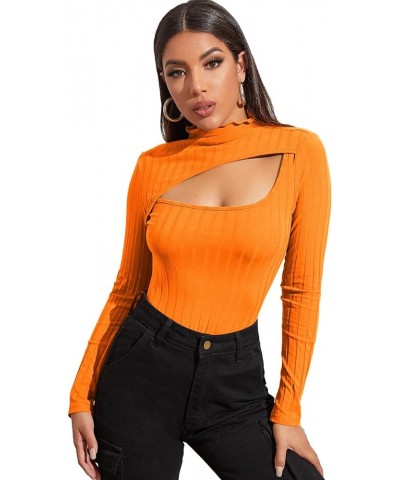 Women's Ruffle Tops Sexy Basic Slim Fit Cut Out Front Long Sleeve T Shirt Orange $6.88 T-Shirts