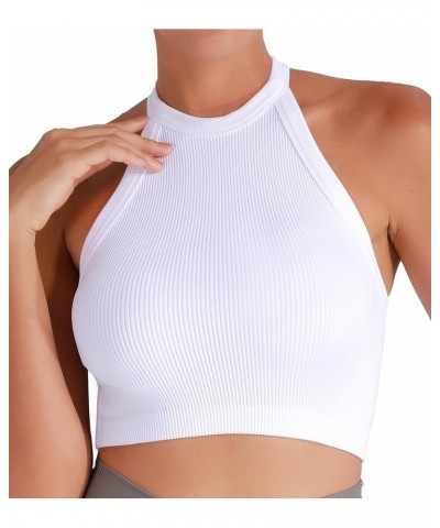 Ribbed Tank Tops for Women, Halter High Neck Seamless Cute Crop Top, Basics Sleeveless Workout Athletic Yoga Shirts White (Cr...