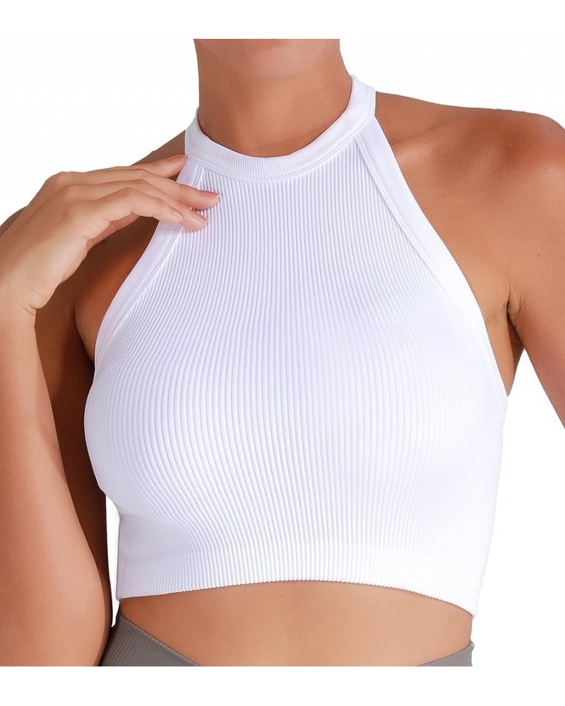 Ribbed Tank Tops for Women, Halter High Neck Seamless Cute Crop Top, Basics Sleeveless Workout Athletic Yoga Shirts White (Cr...