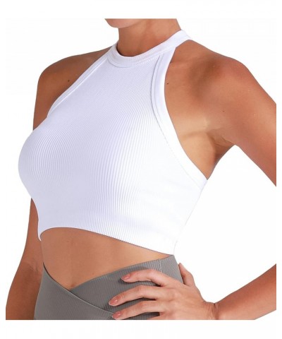 Ribbed Tank Tops for Women, Halter High Neck Seamless Cute Crop Top, Basics Sleeveless Workout Athletic Yoga Shirts White (Cr...