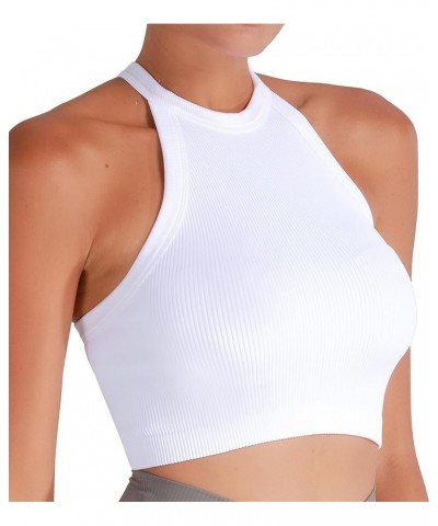 Ribbed Tank Tops for Women, Halter High Neck Seamless Cute Crop Top, Basics Sleeveless Workout Athletic Yoga Shirts White (Cr...