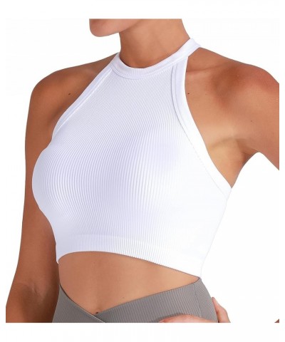 Ribbed Tank Tops for Women, Halter High Neck Seamless Cute Crop Top, Basics Sleeveless Workout Athletic Yoga Shirts White (Cr...