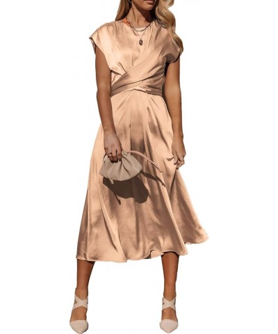 Women's 2024 Summer Satin Midi Dress Cap Sleeve Tie Waist Elegant A-Line Flowy Dresses Brown $18.62 Dresses