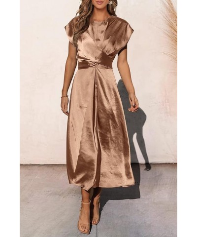 Women's 2024 Summer Satin Midi Dress Cap Sleeve Tie Waist Elegant A-Line Flowy Dresses Brown $18.62 Dresses