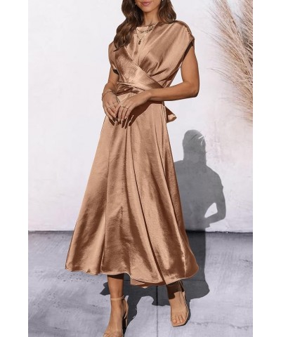 Women's 2024 Summer Satin Midi Dress Cap Sleeve Tie Waist Elegant A-Line Flowy Dresses Brown $18.62 Dresses