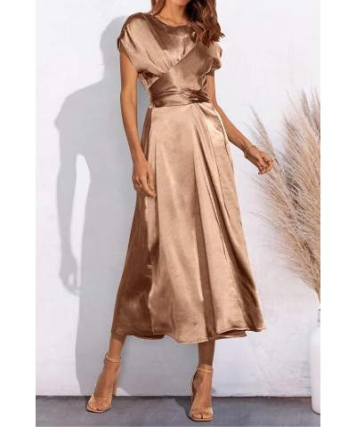 Women's 2024 Summer Satin Midi Dress Cap Sleeve Tie Waist Elegant A-Line Flowy Dresses Brown $18.62 Dresses