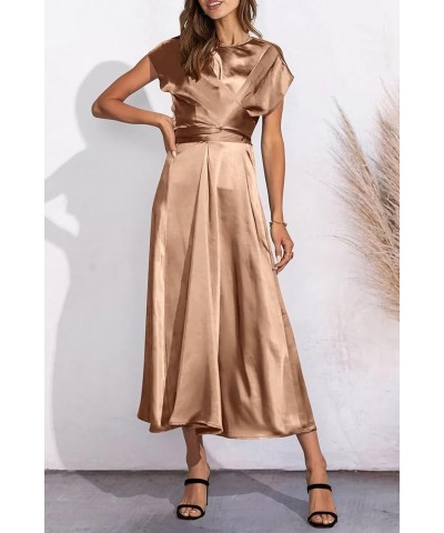 Women's 2024 Summer Satin Midi Dress Cap Sleeve Tie Waist Elegant A-Line Flowy Dresses Brown $18.62 Dresses