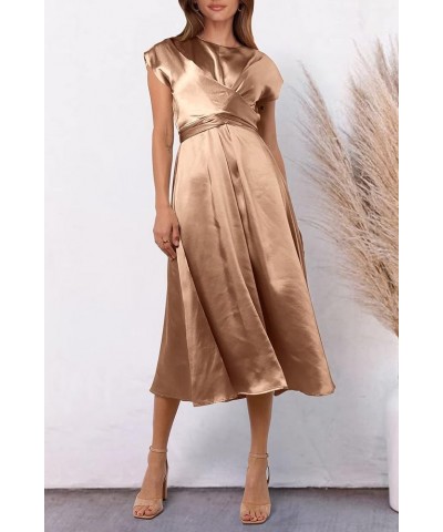 Women's 2024 Summer Satin Midi Dress Cap Sleeve Tie Waist Elegant A-Line Flowy Dresses Brown $18.62 Dresses