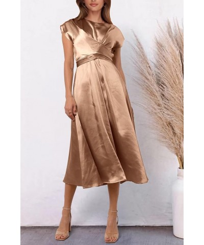 Women's 2024 Summer Satin Midi Dress Cap Sleeve Tie Waist Elegant A-Line Flowy Dresses Brown $18.62 Dresses