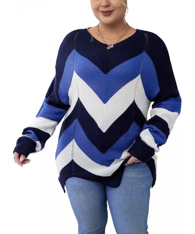 Women's Plus Size Colorblock Chevron Round Neck Asymmetrical Long Sleeve Sweater Top Blue Multi $13.76 Sweaters