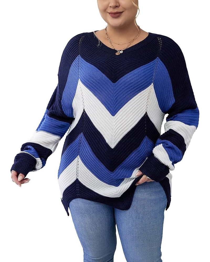 Women's Plus Size Colorblock Chevron Round Neck Asymmetrical Long Sleeve Sweater Top Blue Multi $13.76 Sweaters