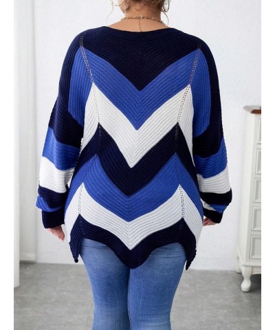 Women's Plus Size Colorblock Chevron Round Neck Asymmetrical Long Sleeve Sweater Top Blue Multi $13.76 Sweaters