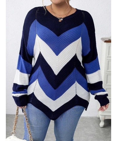 Women's Plus Size Colorblock Chevron Round Neck Asymmetrical Long Sleeve Sweater Top Blue Multi $13.76 Sweaters